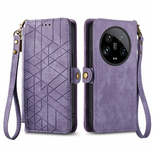 For Xiaomi 14 Ultra Leather Case Zipper Pocket Wallet  Geometry Phone Cover with Strap - Light Purple
