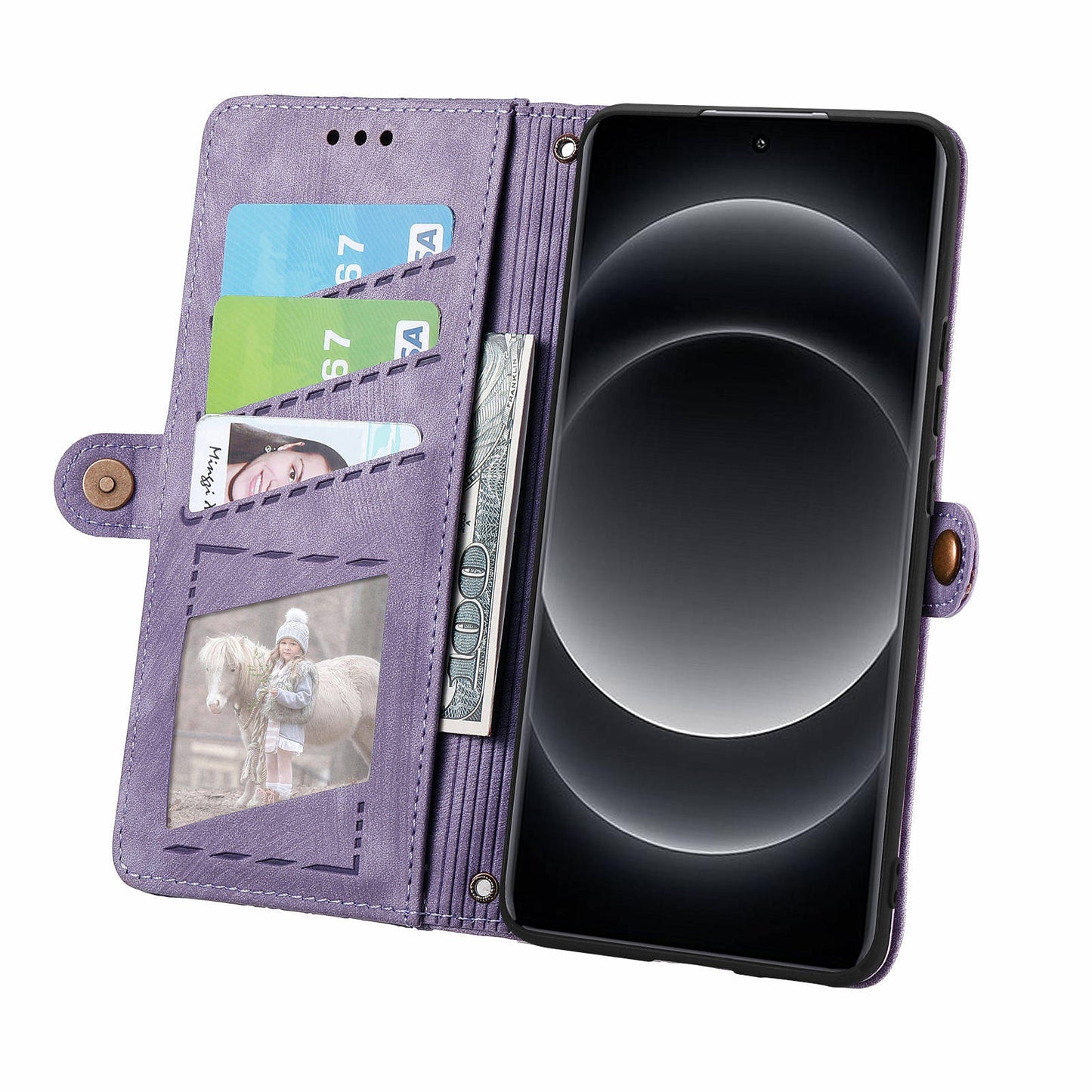 For Xiaomi 14 Ultra Leather Case Zipper Pocket Wallet  Geometry Phone Cover with Strap - Light Purple