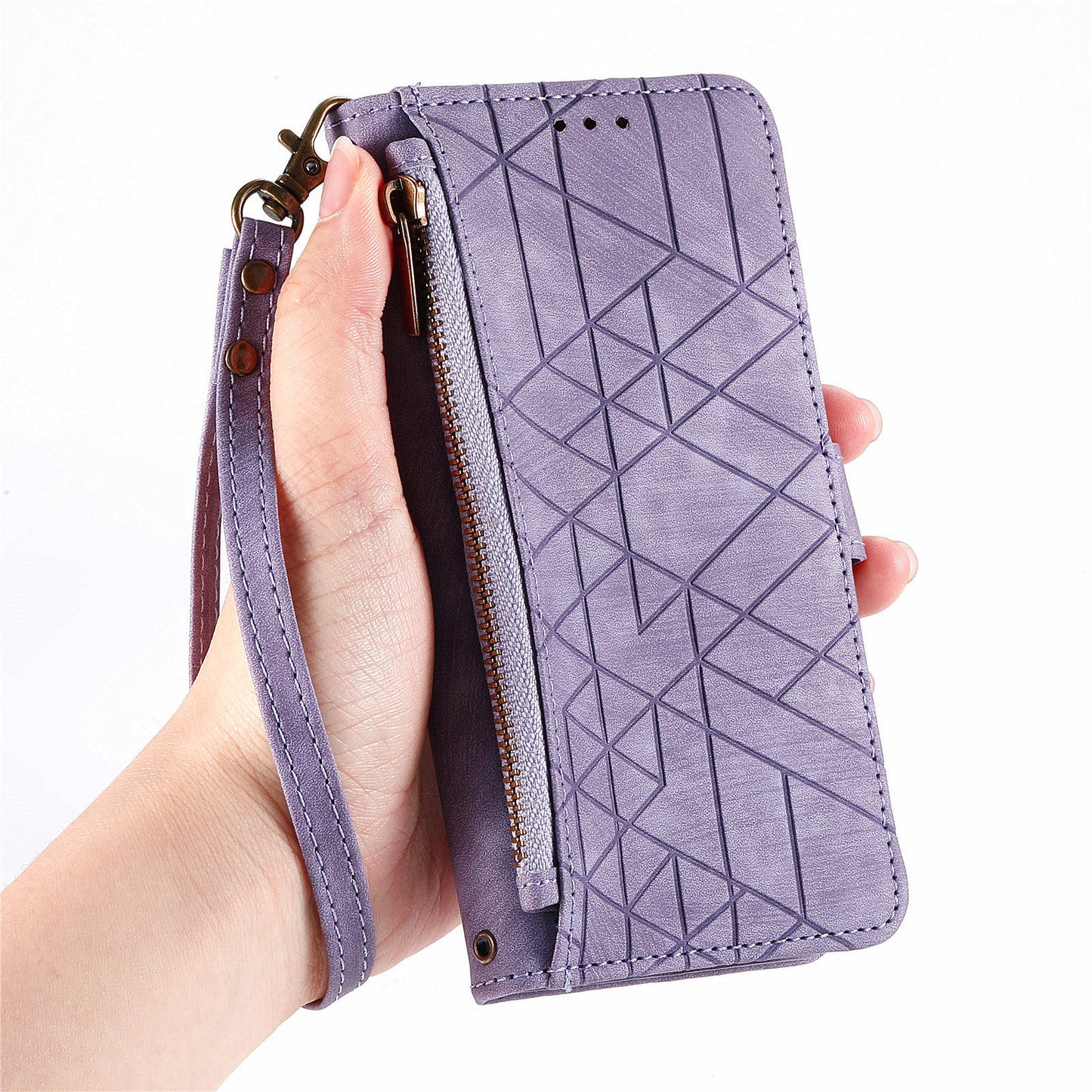 For Xiaomi 14 Ultra Leather Case Zipper Pocket Wallet  Geometry Phone Cover with Strap - Light Purple