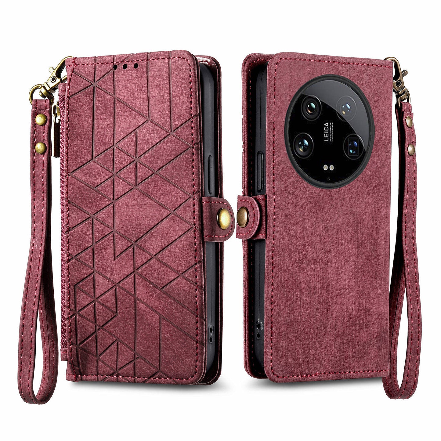 For Xiaomi 14 Ultra Leather Case Zipper Pocket Wallet  Geometry Phone Cover with Strap - Red