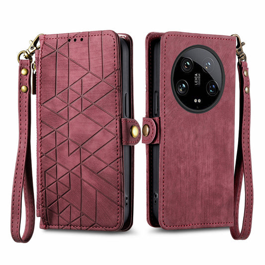 For Xiaomi 14 Ultra Leather Case Zipper Pocket Wallet  Geometry Phone Cover with Strap - Red