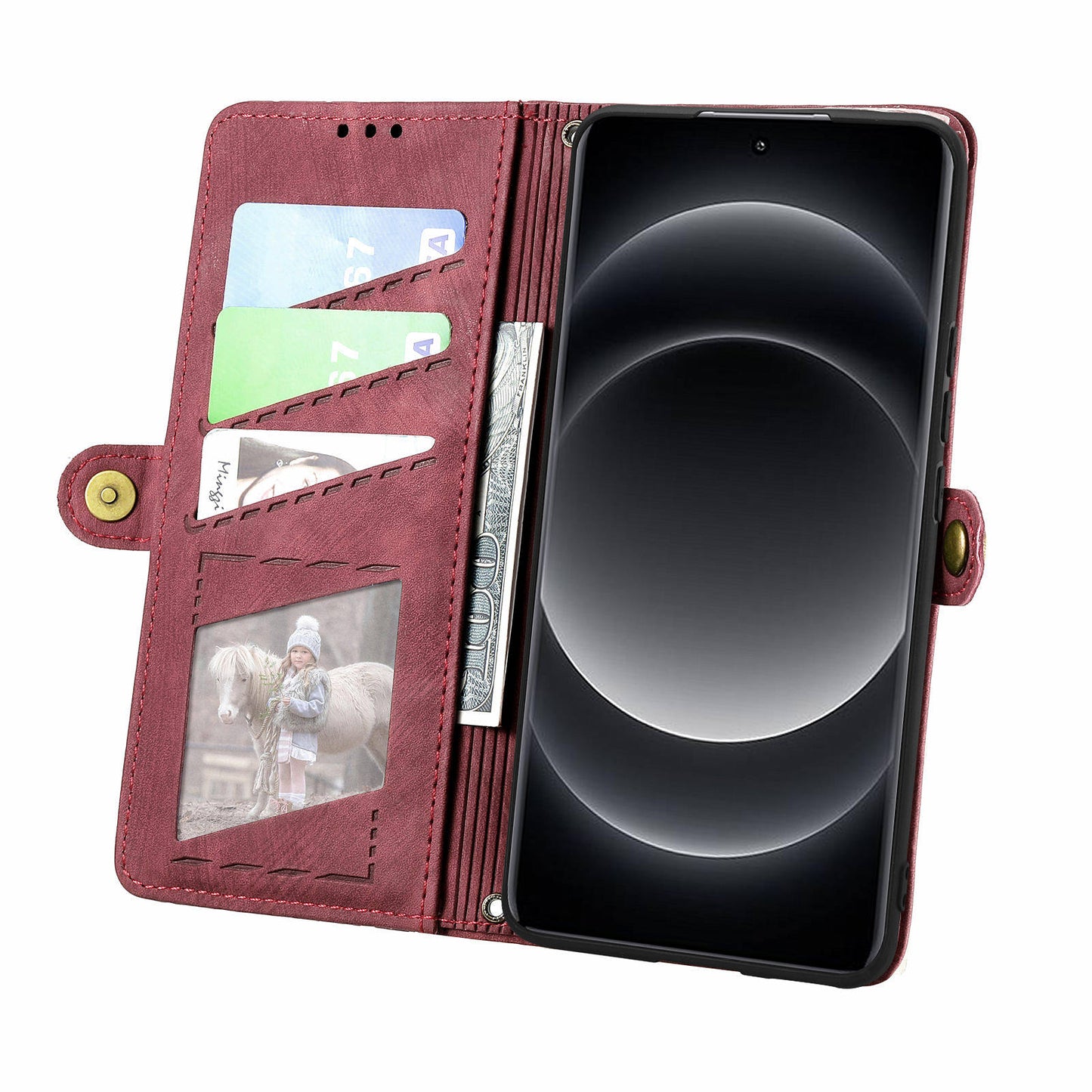 For Xiaomi 14 Ultra Leather Case Zipper Pocket Wallet  Geometry Phone Cover with Strap - Red