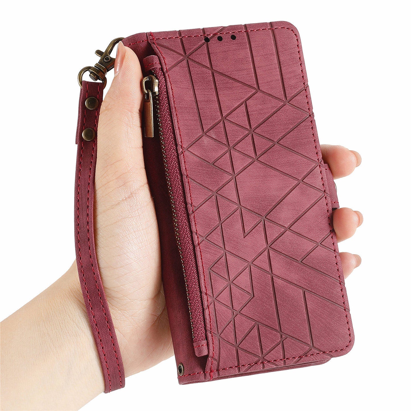 For Xiaomi 14 Ultra Leather Case Zipper Pocket Wallet  Geometry Phone Cover with Strap - Red