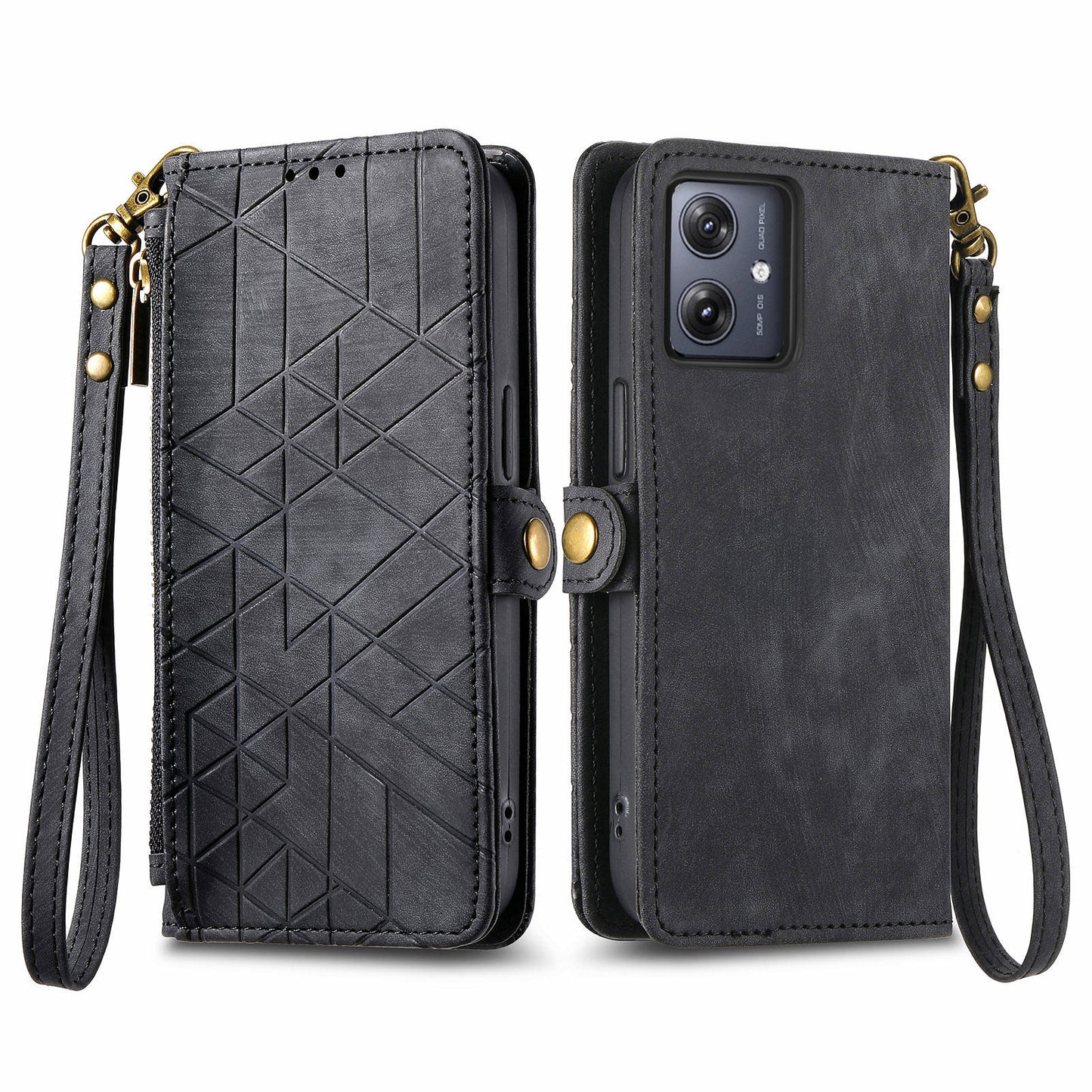 For Motorola Moto G54 5G Leather Case Zipper Pocket Wallet Geometry Flip Phone Cover - Black