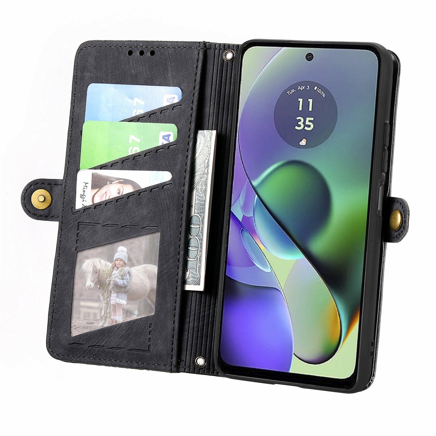 For Motorola Moto G54 5G Leather Case Zipper Pocket Wallet Geometry Flip Phone Cover - Black