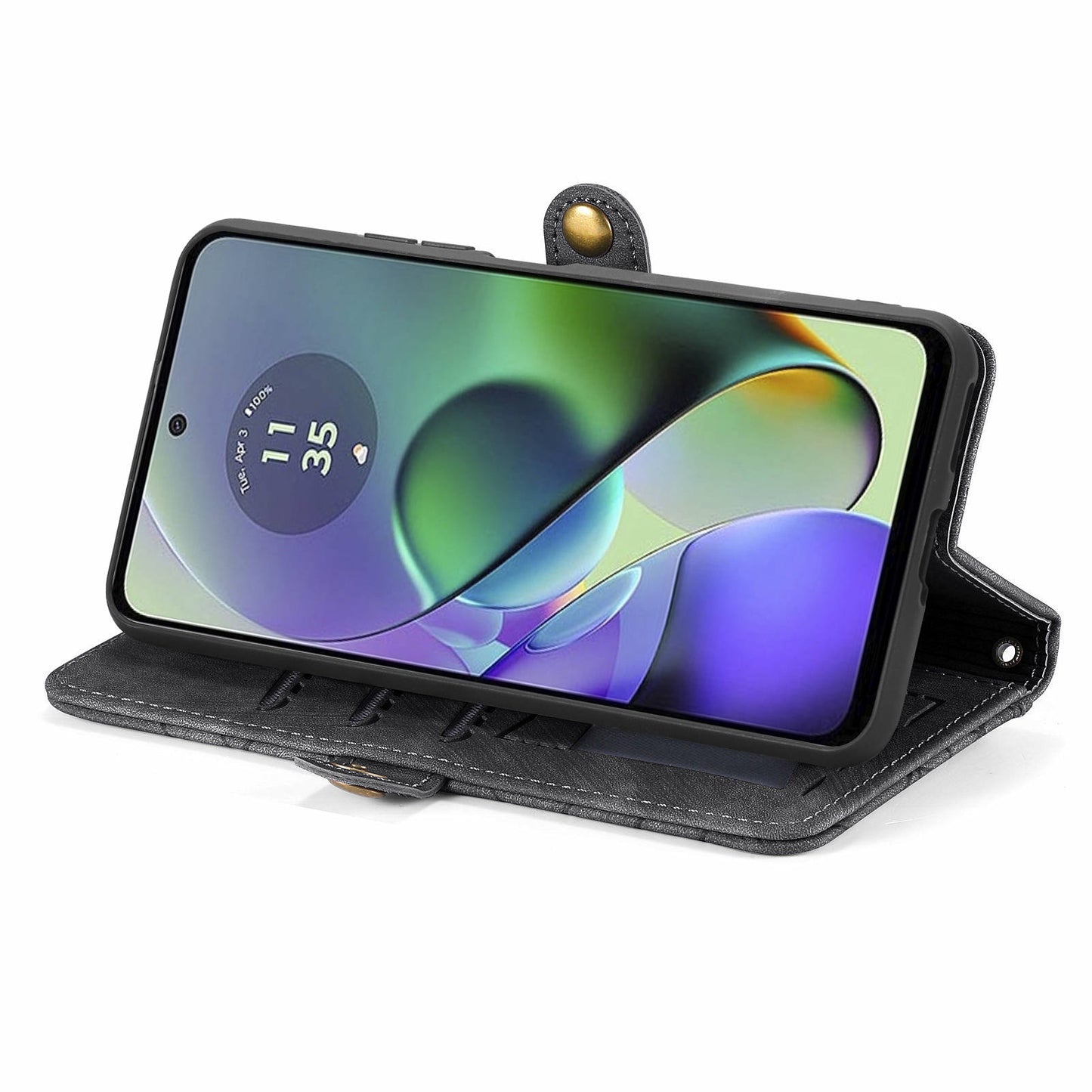 For Motorola Moto G54 5G Leather Case Zipper Pocket Wallet Geometry Flip Phone Cover - Black