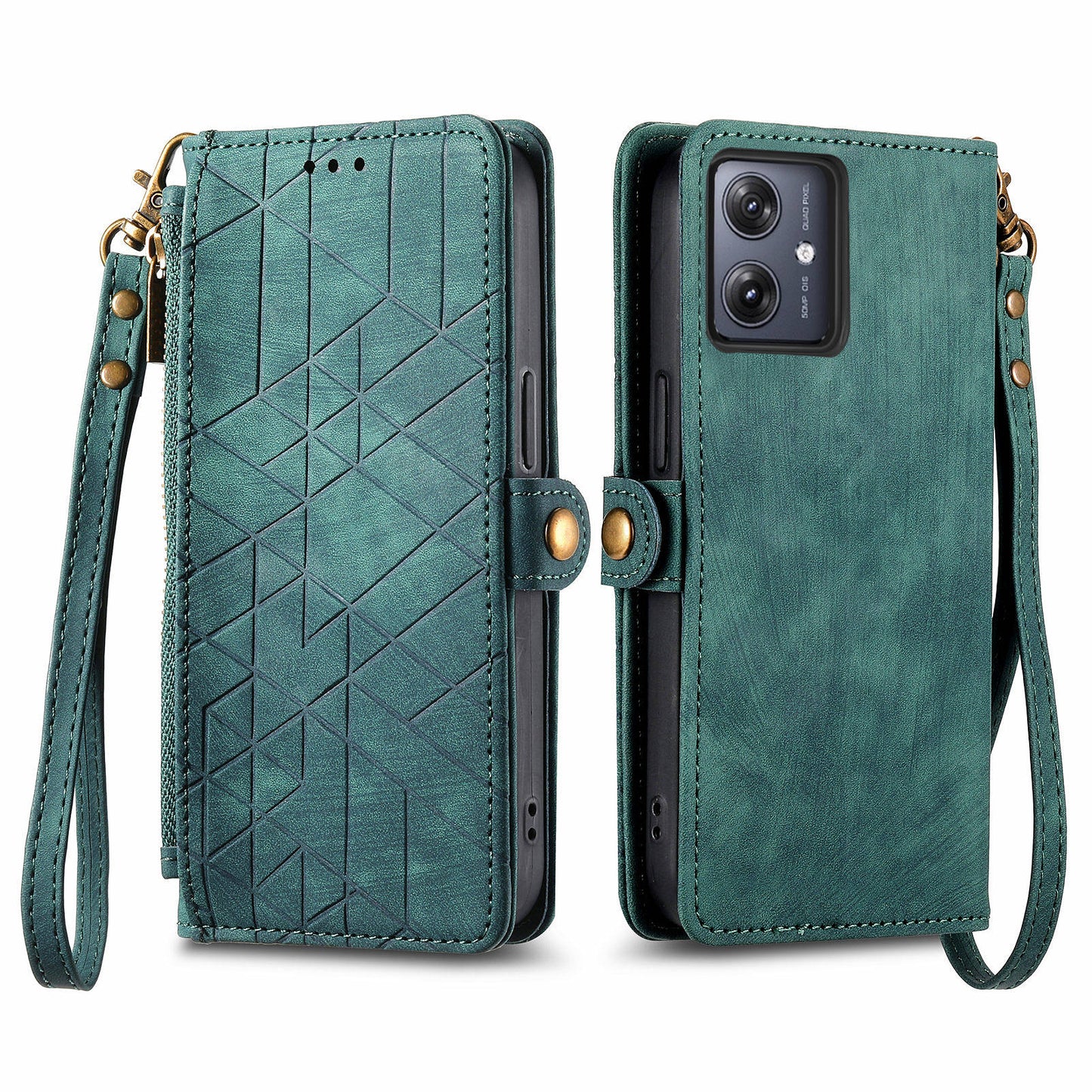 For Motorola Moto G54 5G Leather Case Zipper Pocket Wallet Geometry Flip Phone Cover - Green