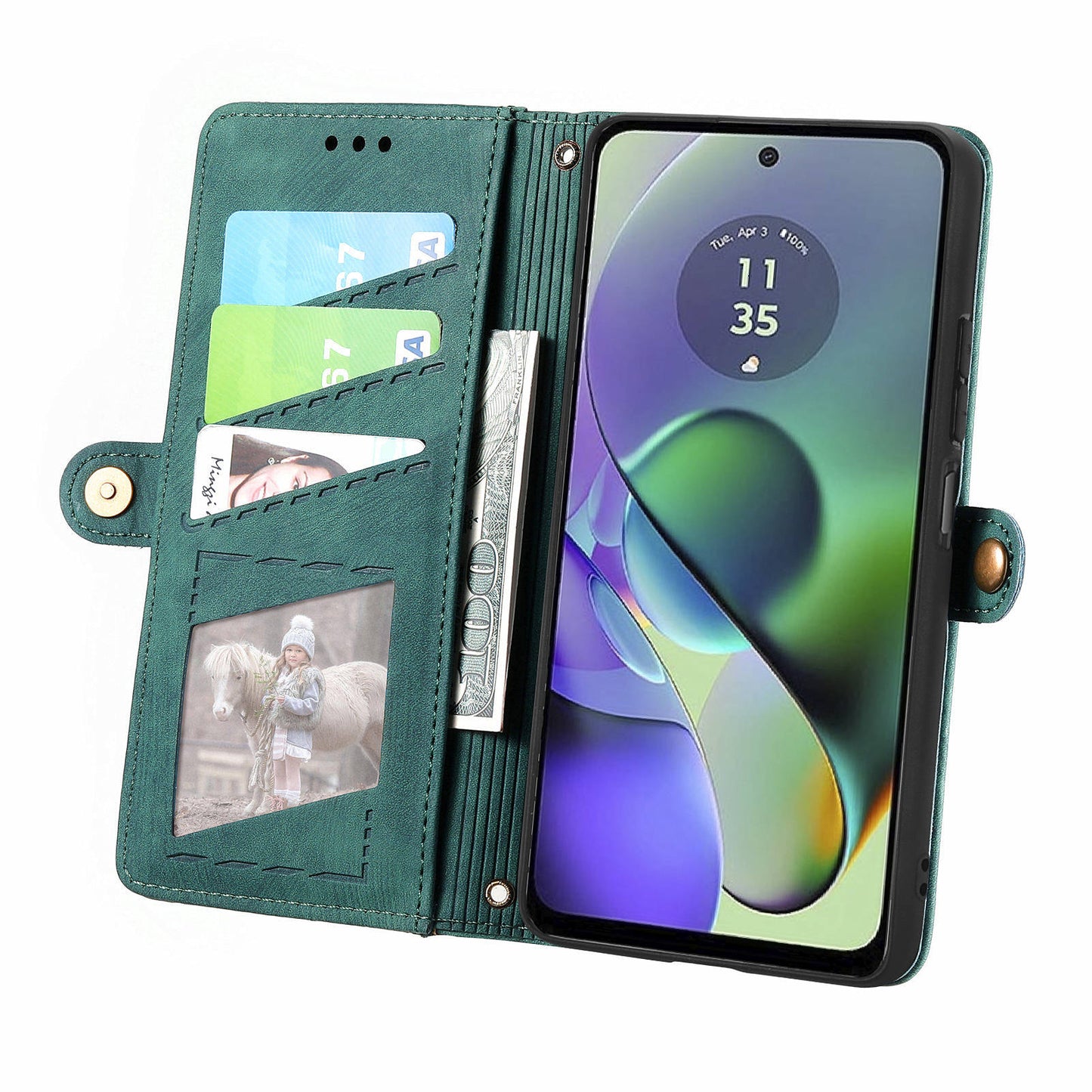 For Motorola Moto G54 5G Leather Case Zipper Pocket Wallet Geometry Flip Phone Cover - Green