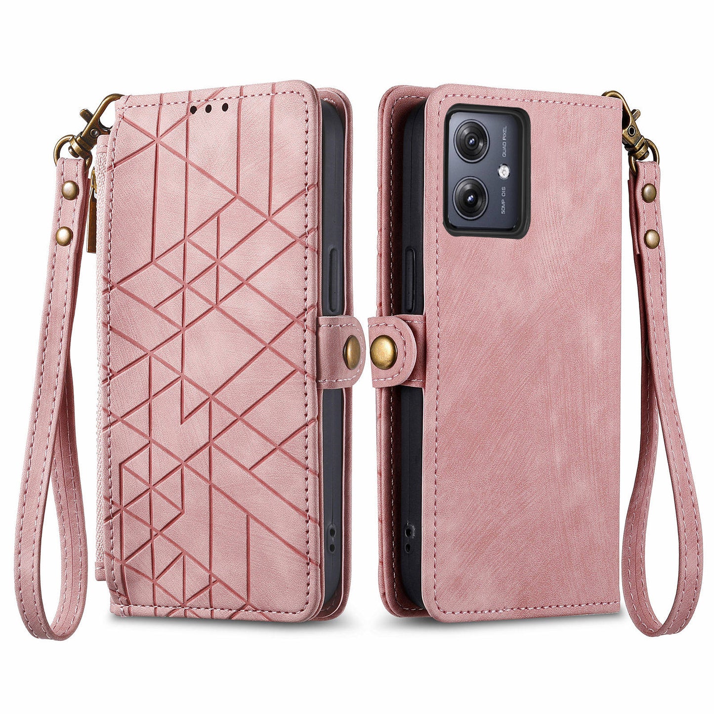 For Motorola Moto G54 5G Leather Case Zipper Pocket Wallet Geometry Flip Phone Cover - Pink