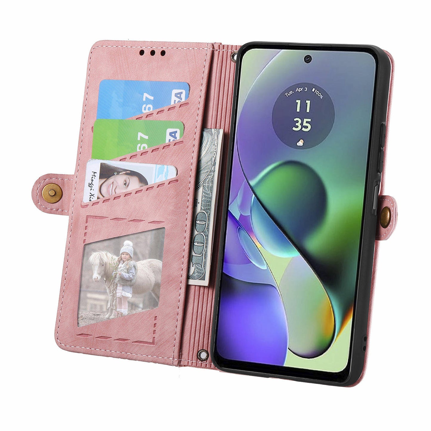 For Motorola Moto G54 5G Leather Case Zipper Pocket Wallet Geometry Flip Phone Cover - Pink