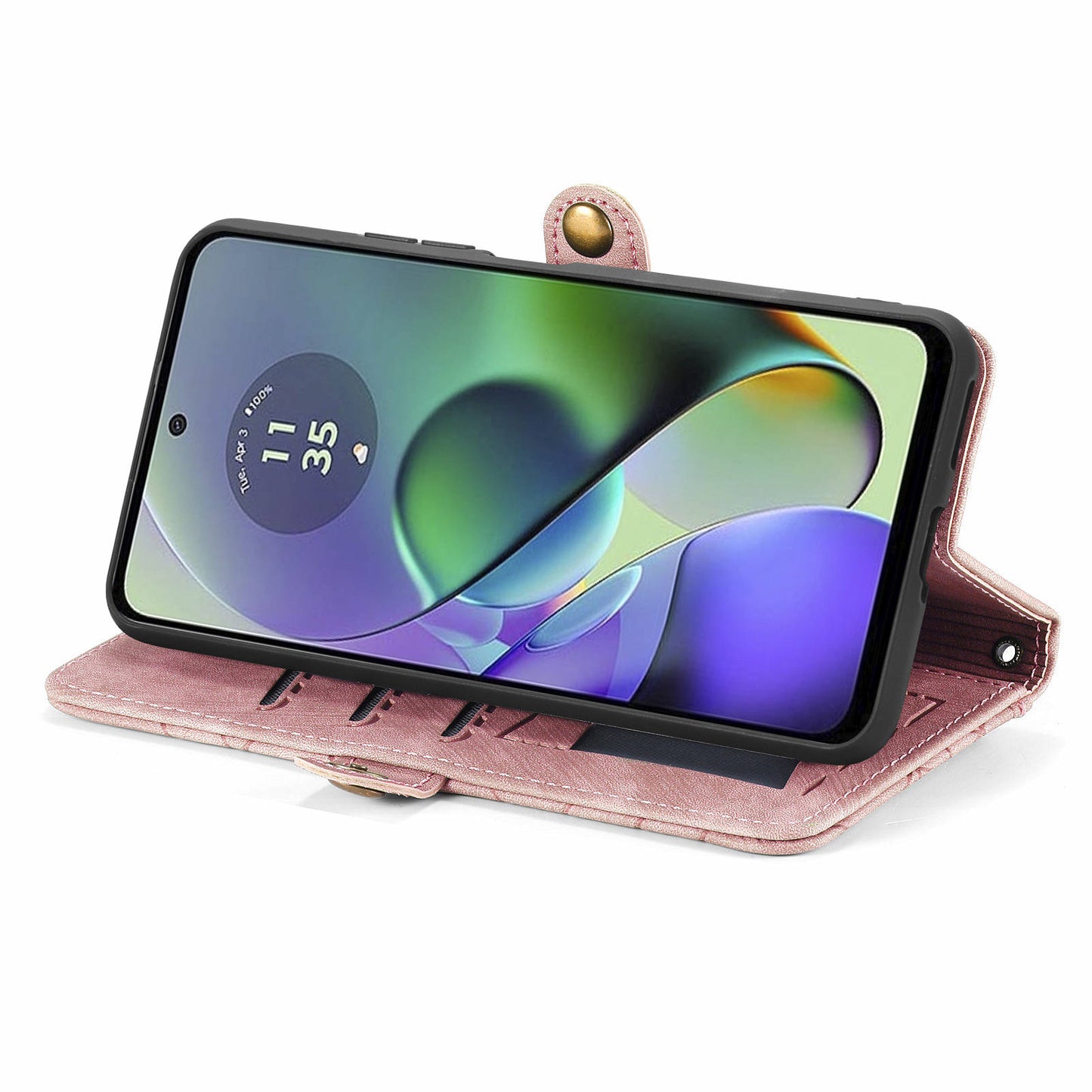 For Motorola Moto G54 5G Leather Case Zipper Pocket Wallet Geometry Flip Phone Cover - Pink