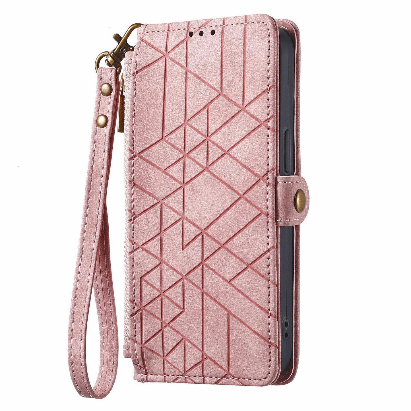 For Motorola Moto G54 5G Leather Case Zipper Pocket Wallet Geometry Flip Phone Cover - Pink