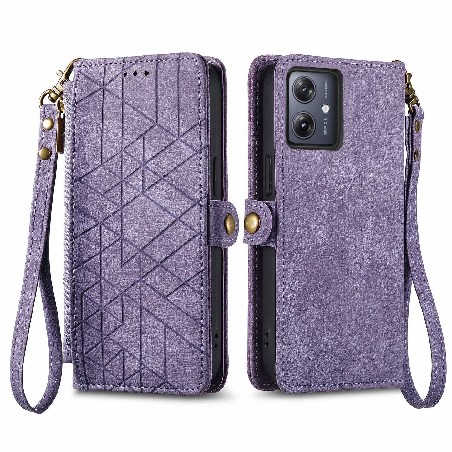 For Motorola Moto G54 5G Leather Case Zipper Pocket Wallet Geometry Flip Phone Cover - Light Purple
