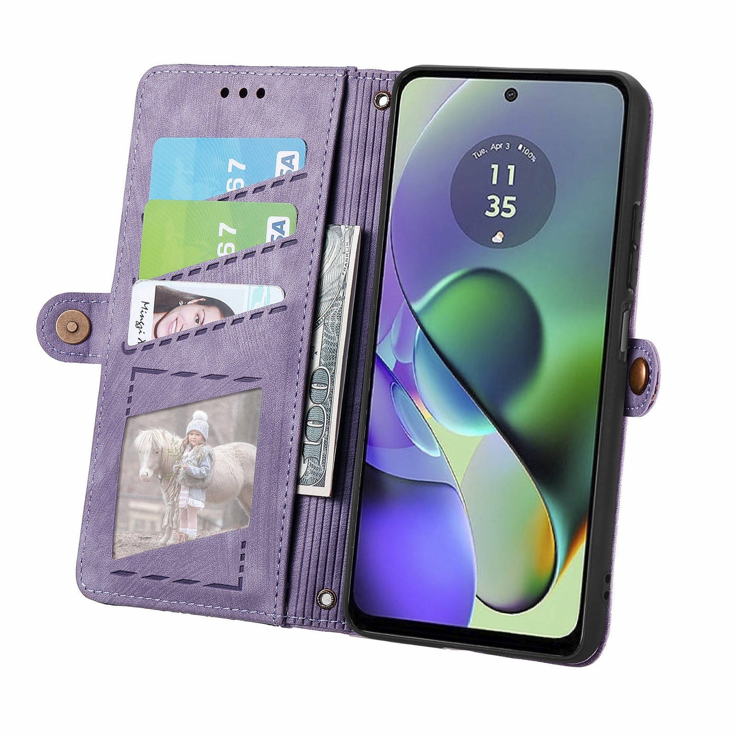 For Motorola Moto G54 5G Leather Case Zipper Pocket Wallet Geometry Flip Phone Cover - Light Purple