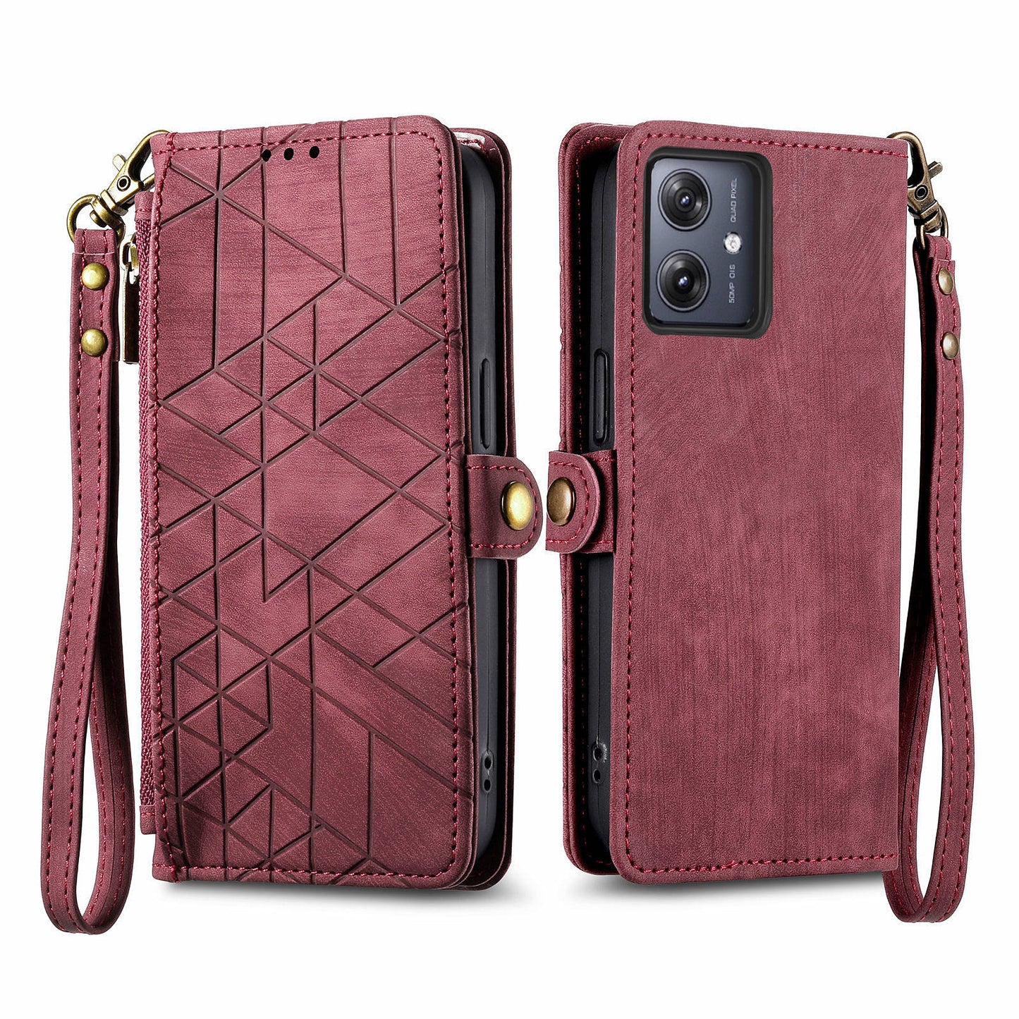 For Motorola Moto G54 5G Leather Case Zipper Pocket Wallet Geometry Flip Phone Cover - Red