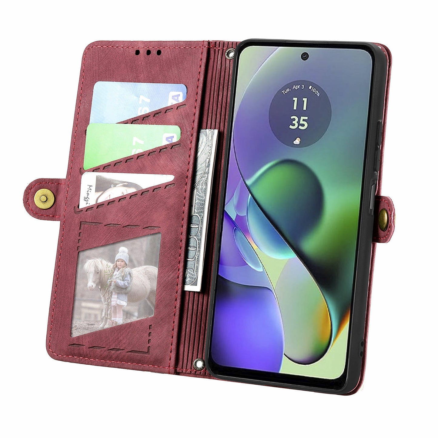 For Motorola Moto G54 5G Leather Case Zipper Pocket Wallet Geometry Flip Phone Cover - Red