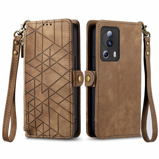 For Xiaomi 13 Lite / Civi 2 5G Case Zipper Wallet Leather Geometry Phone Cover - Brown