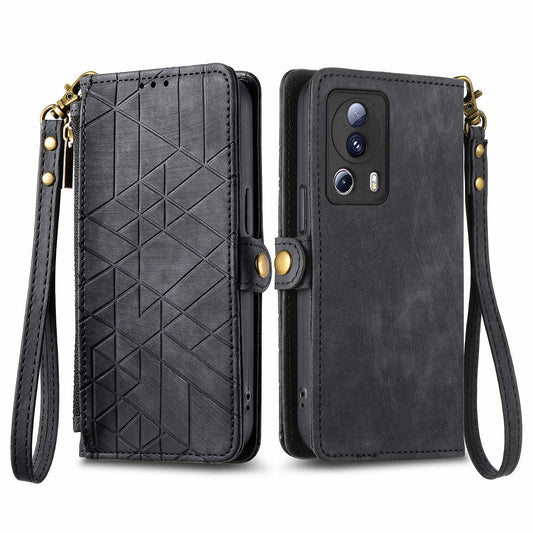 For Xiaomi 13 Lite / Civi 2 5G Case Zipper Wallet Leather Geometry Phone Cover - Black
