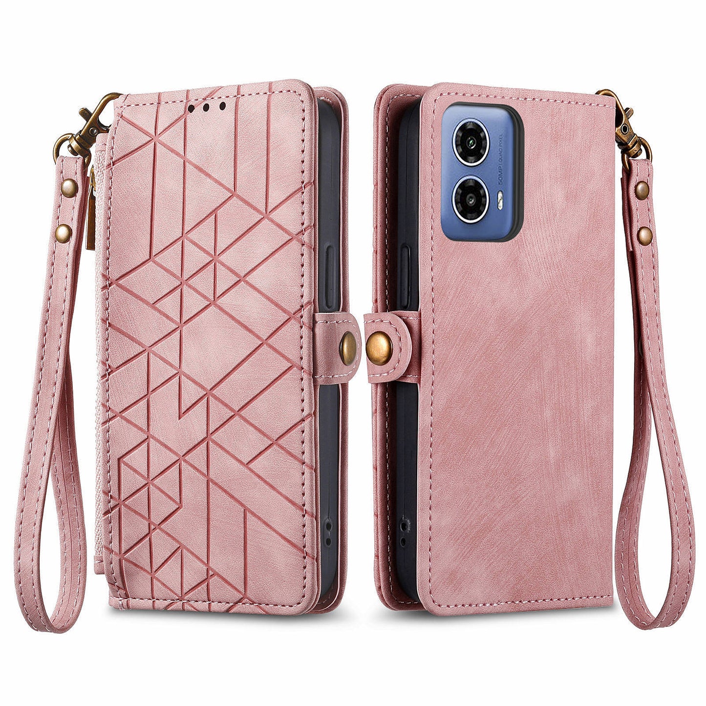 For Motorola Moto G34 5G Leather Case Zipper Pocket Wallet Geometry Phone Cover - Pink