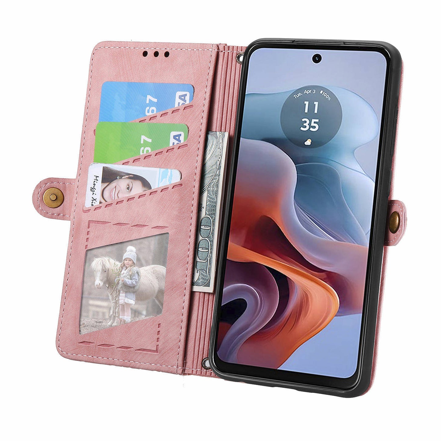 For Motorola Moto G34 5G Leather Case Zipper Pocket Wallet Geometry Phone Cover - Pink
