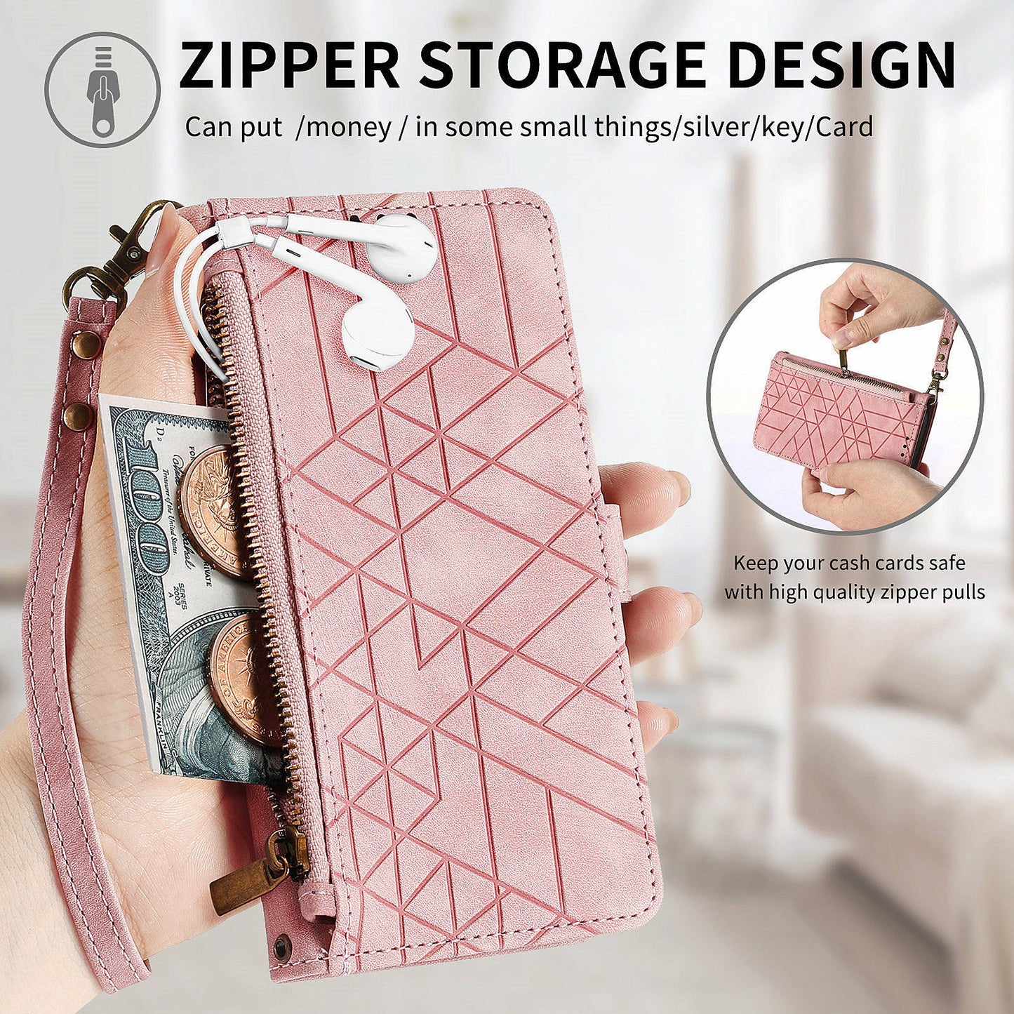 For Motorola Moto G34 5G Leather Case Zipper Pocket Wallet Geometry Phone Cover - Pink