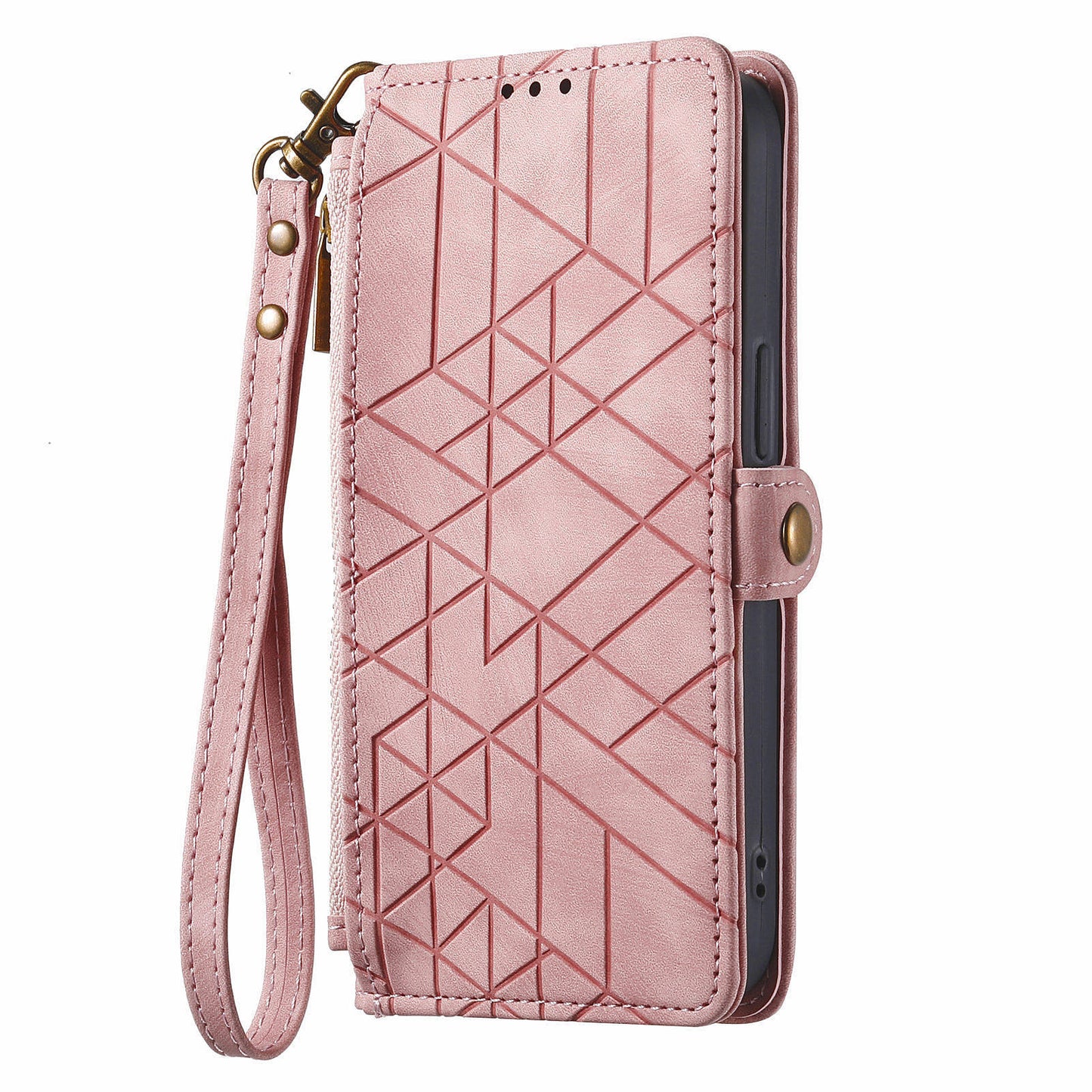 For Motorola Moto G34 5G Leather Case Zipper Pocket Wallet Geometry Phone Cover - Pink