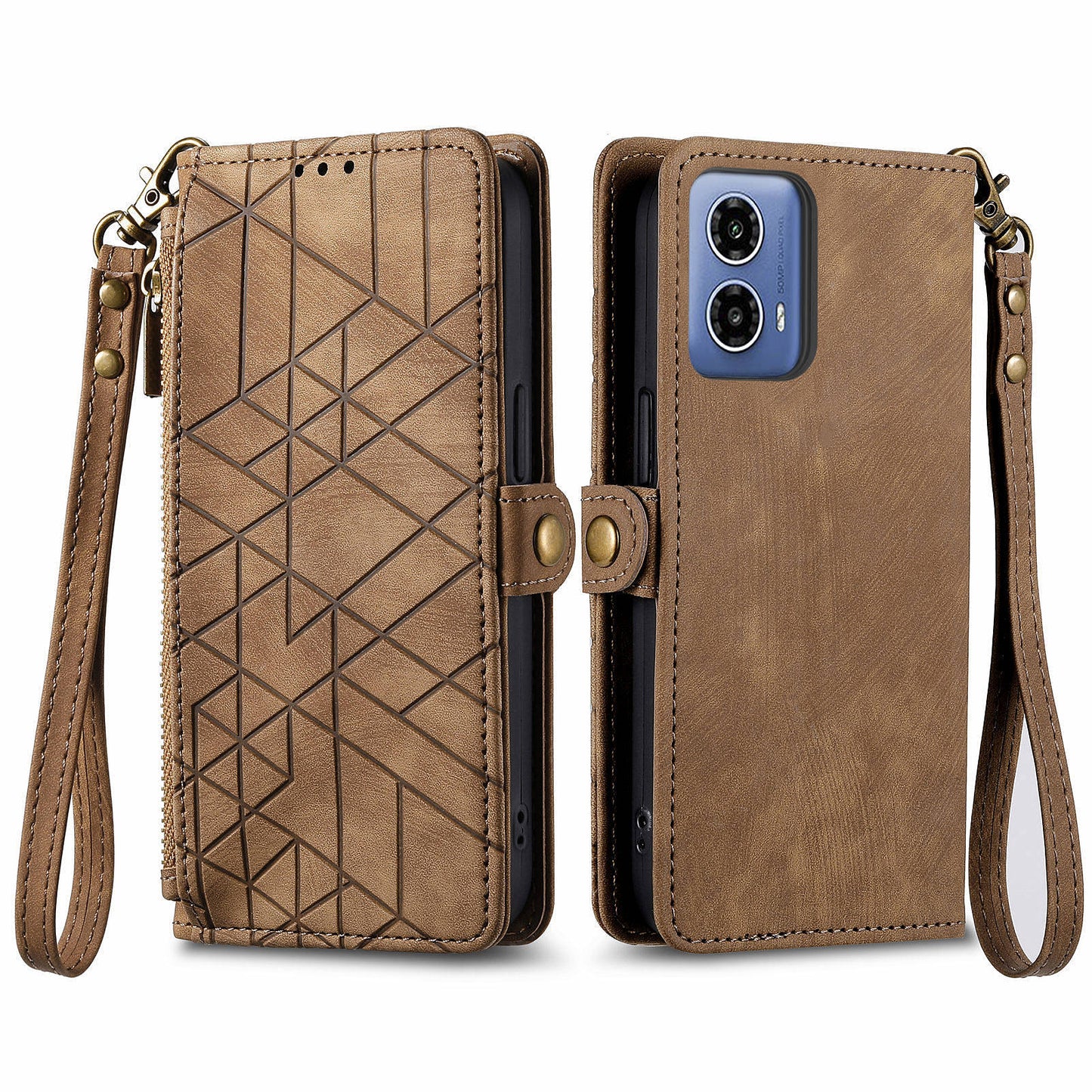 For Motorola Moto G34 5G Leather Case Zipper Pocket Wallet Geometry Phone Cover - Brown