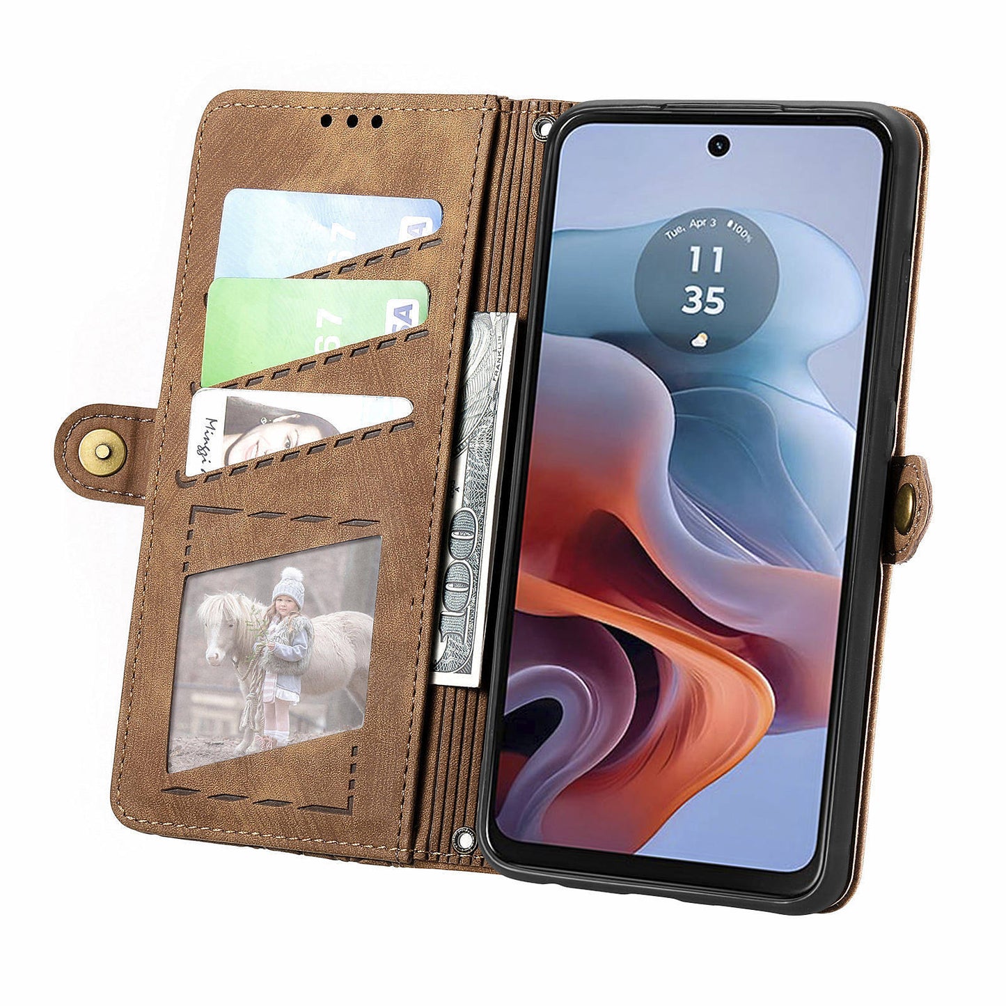 For Motorola Moto G34 5G Leather Case Zipper Pocket Wallet Geometry Phone Cover - Brown