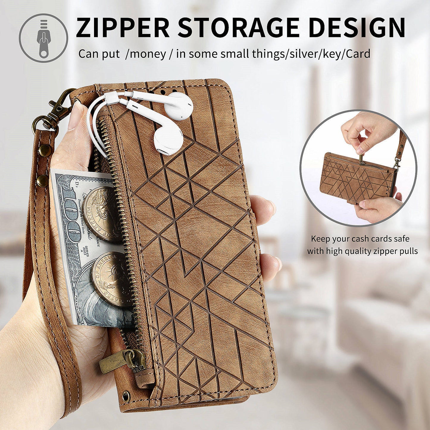 For Motorola Moto G34 5G Leather Case Zipper Pocket Wallet Geometry Phone Cover - Brown