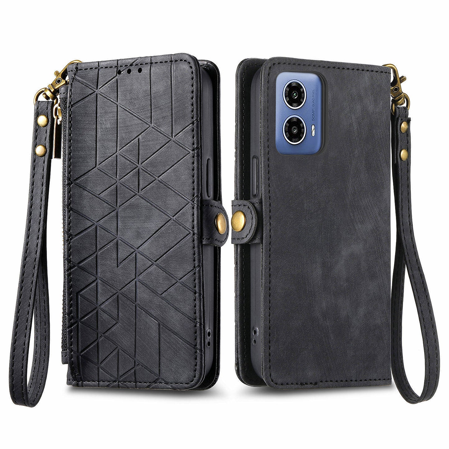 For Motorola Moto G34 5G Leather Case Zipper Pocket Wallet Geometry Phone Cover - Black