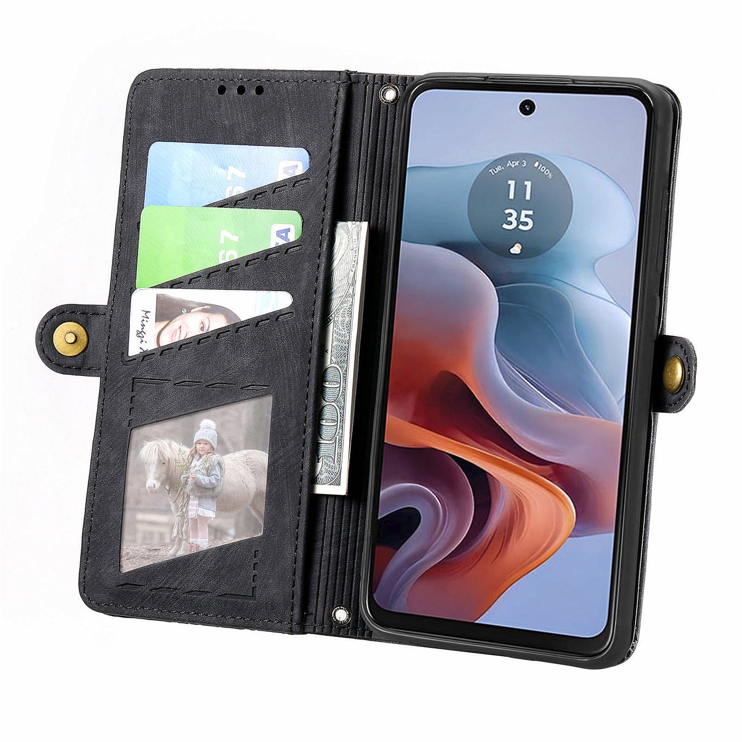 For Motorola Moto G34 5G Leather Case Zipper Pocket Wallet Geometry Phone Cover - Black