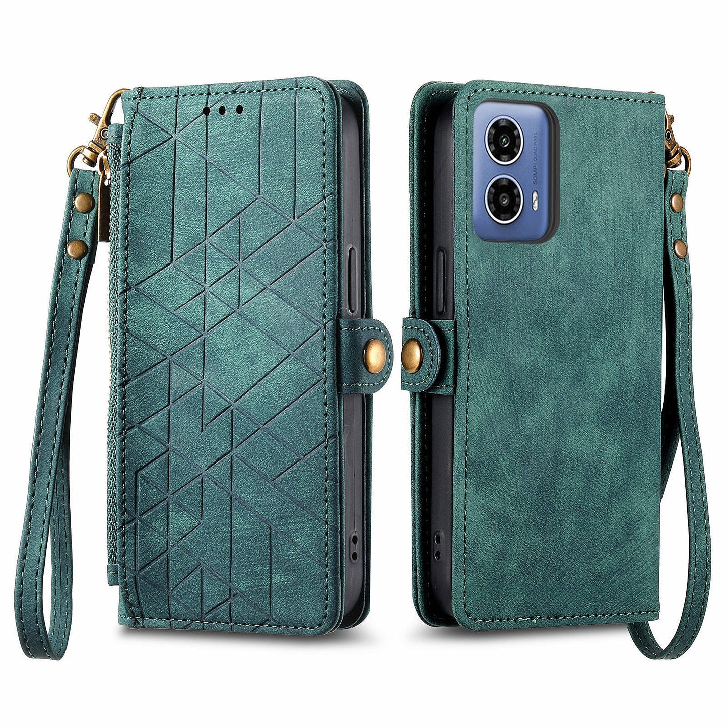 For Motorola Moto G34 5G Leather Case Zipper Pocket Wallet Geometry Phone Cover - Green