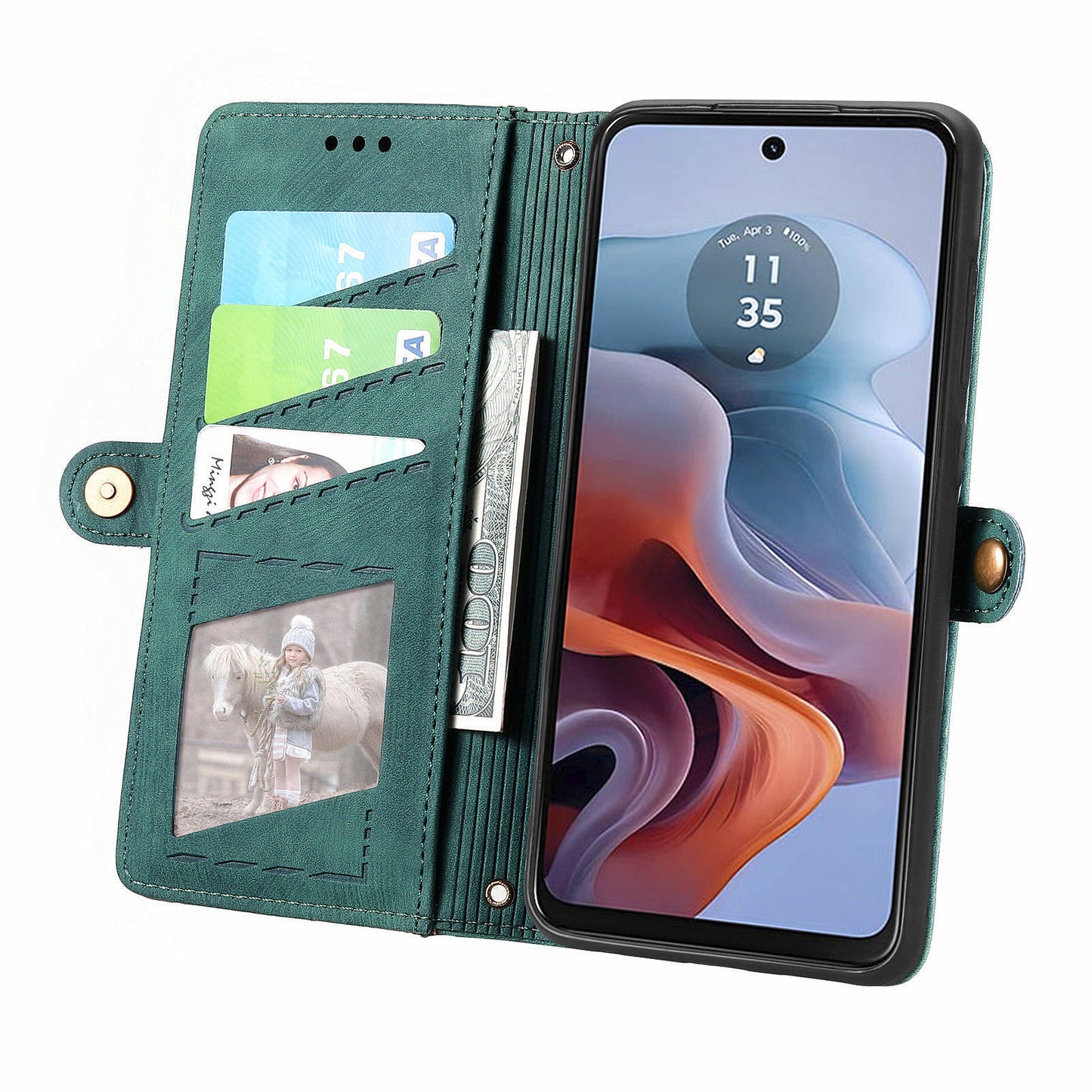 For Motorola Moto G34 5G Leather Case Zipper Pocket Wallet Geometry Phone Cover - Green