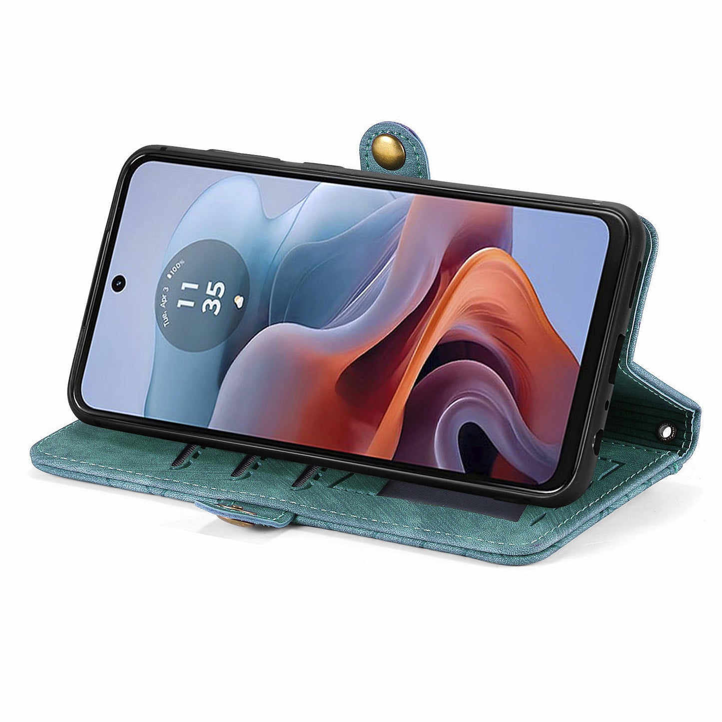 For Motorola Moto G34 5G Leather Case Zipper Pocket Wallet Geometry Phone Cover - Green