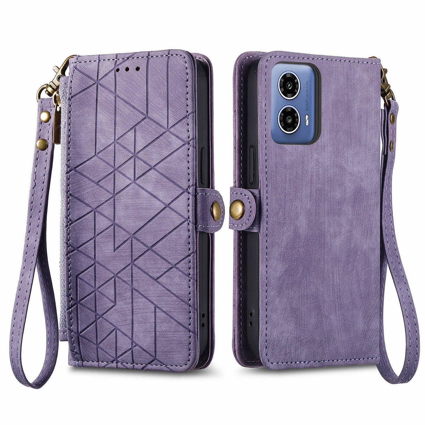 For Motorola Moto G34 5G Leather Case Zipper Pocket Wallet Geometry Phone Cover - Light Purple