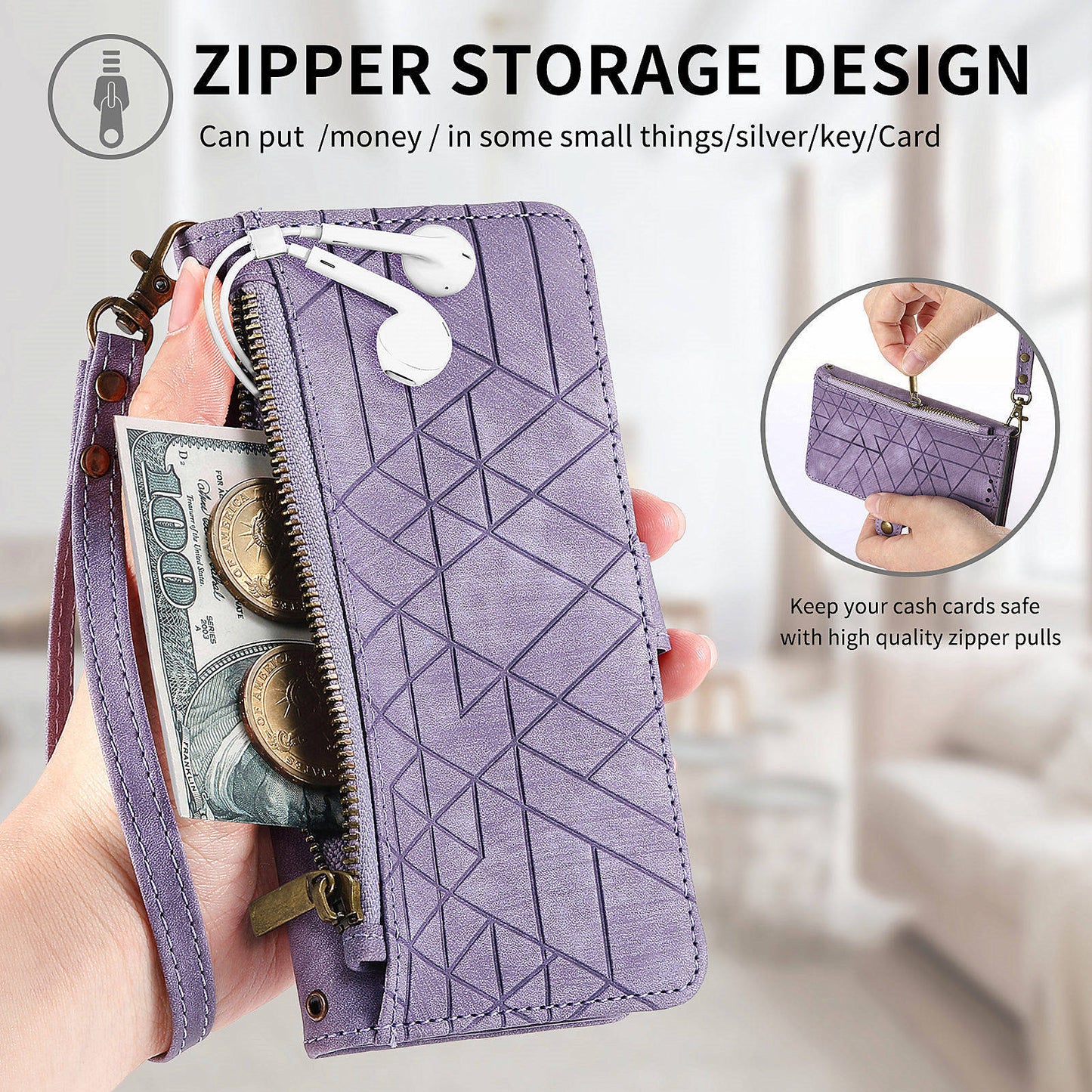 For Motorola Moto G34 5G Leather Case Zipper Pocket Wallet Geometry Phone Cover - Light Purple