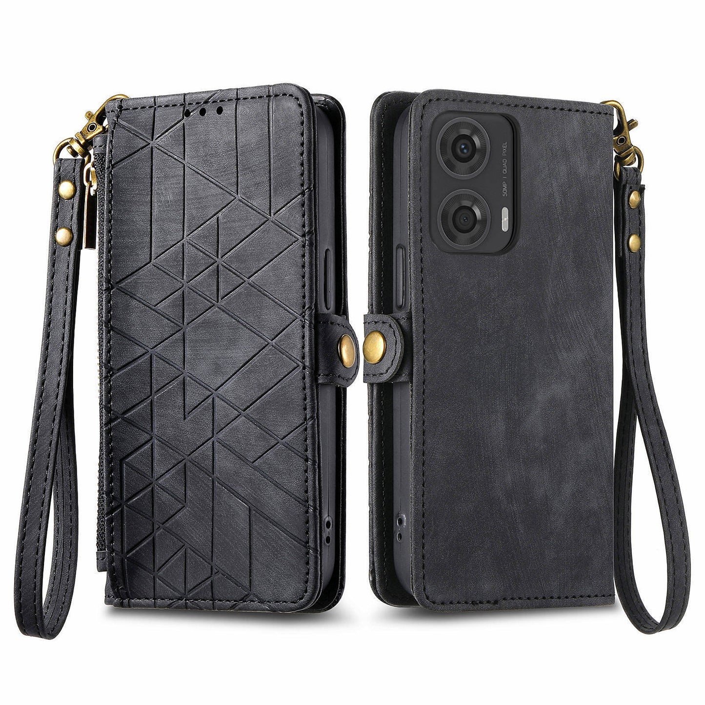 For Motorola Moto G24 4G / G04 4G Wallet Case Zipper Pocket Geometry Leather Phone Cover - Black