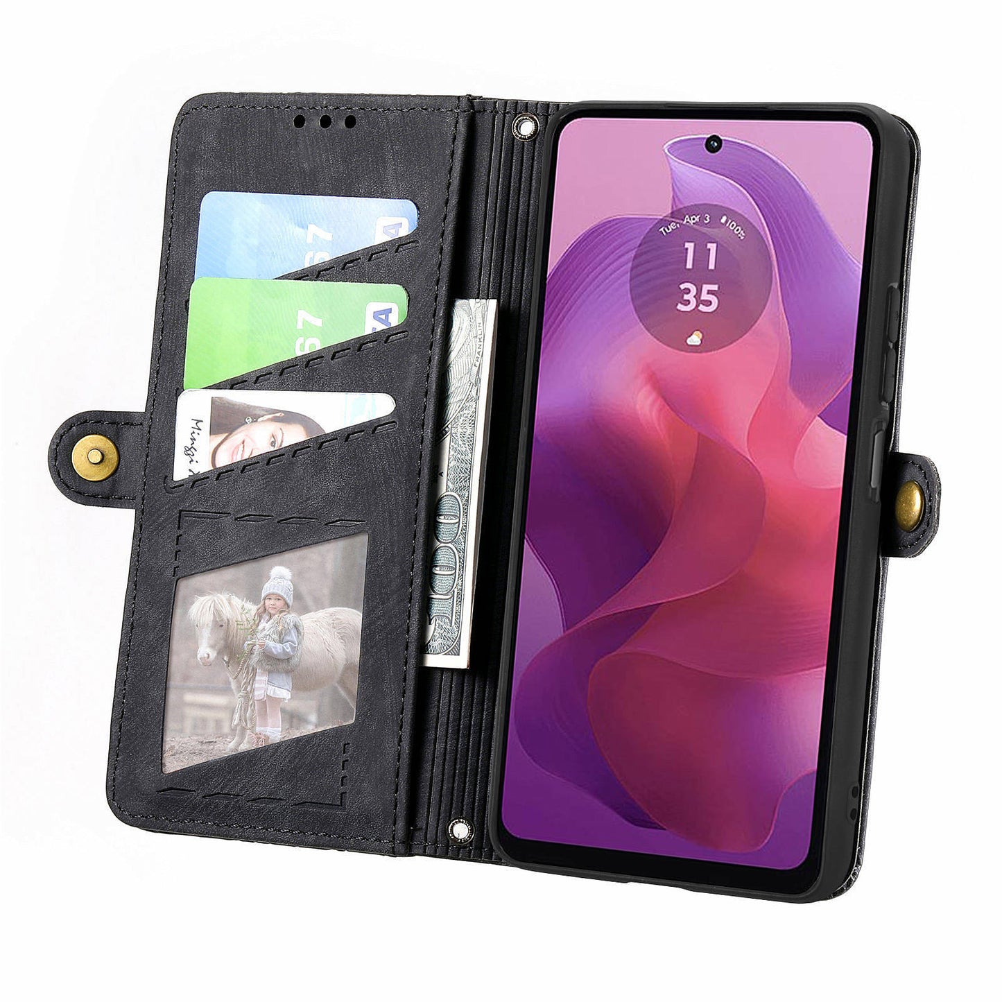 For Motorola Moto G24 4G / G04 4G Wallet Case Zipper Pocket Geometry Leather Phone Cover - Black