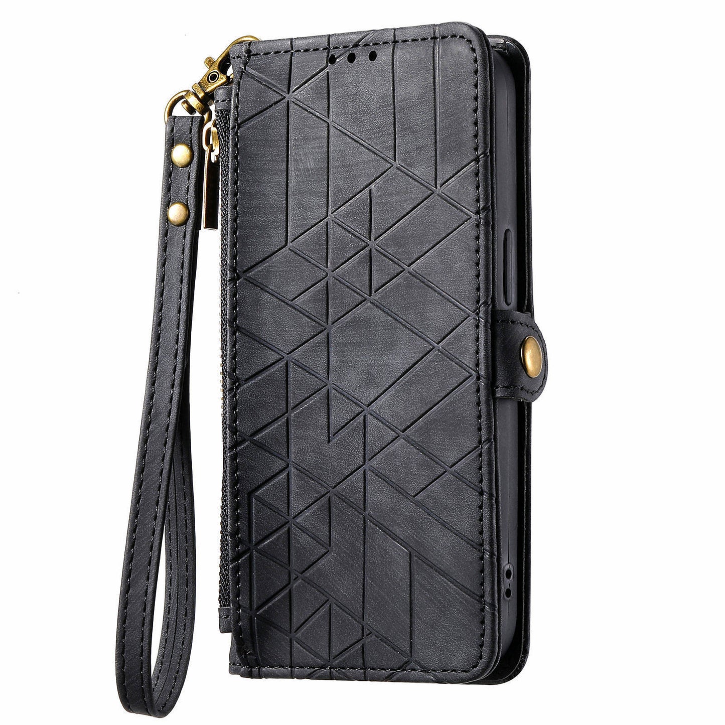 For Motorola Moto G24 4G / G04 4G Wallet Case Zipper Pocket Geometry Leather Phone Cover - Black