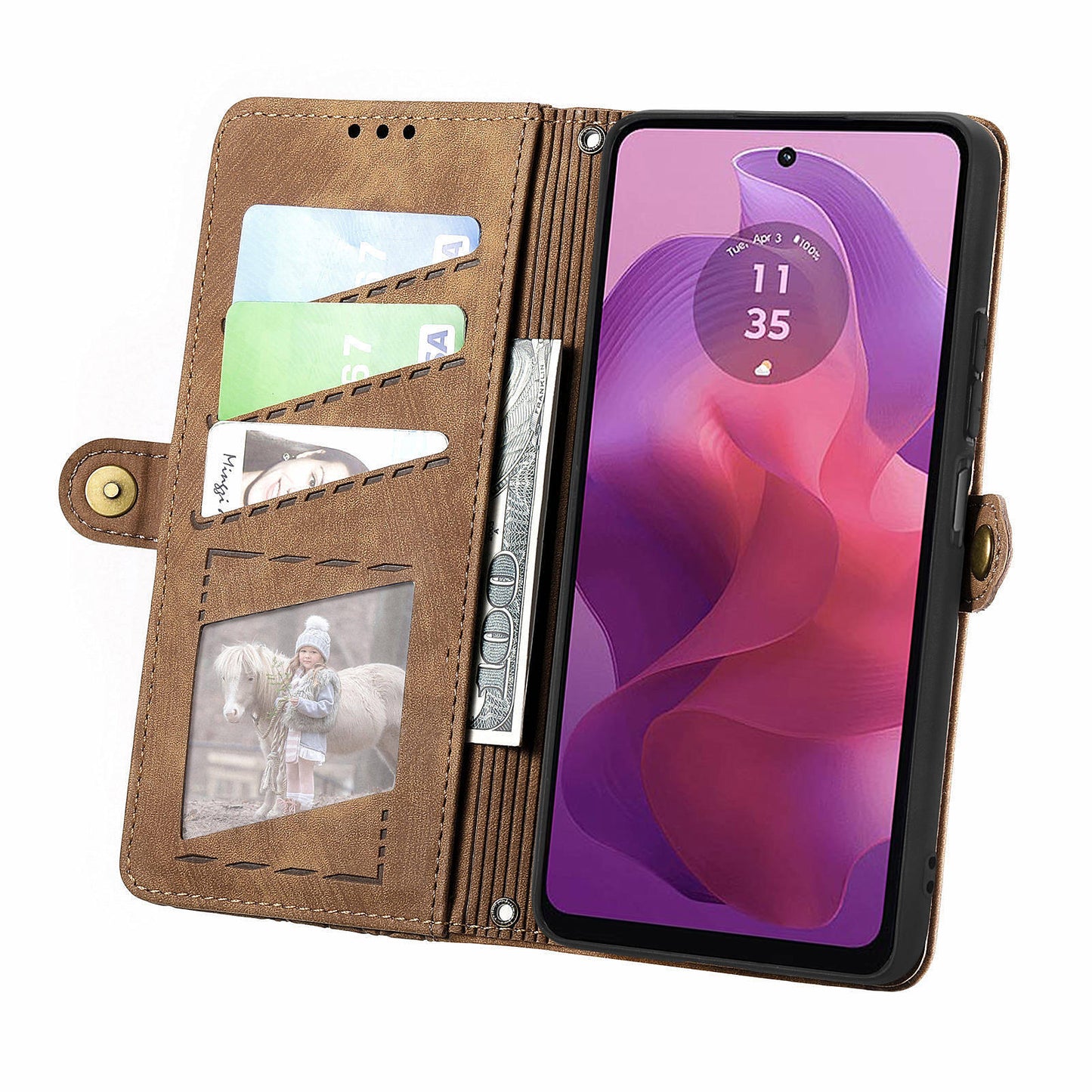 For Motorola Moto G24 4G / G04 4G Wallet Case Zipper Pocket Geometry Leather Phone Cover - Brown