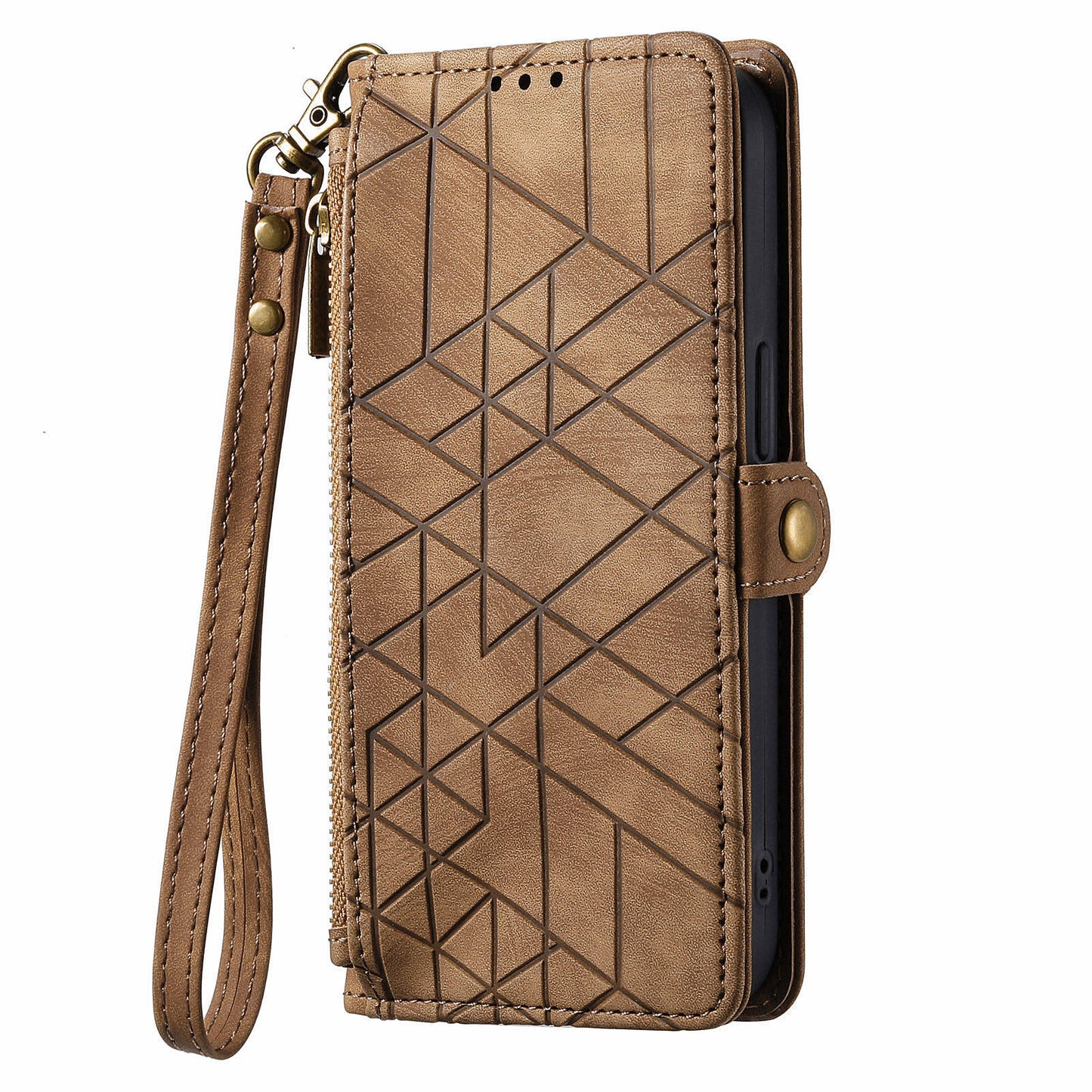 For Motorola Moto G24 4G / G04 4G Wallet Case Zipper Pocket Geometry Leather Phone Cover - Brown