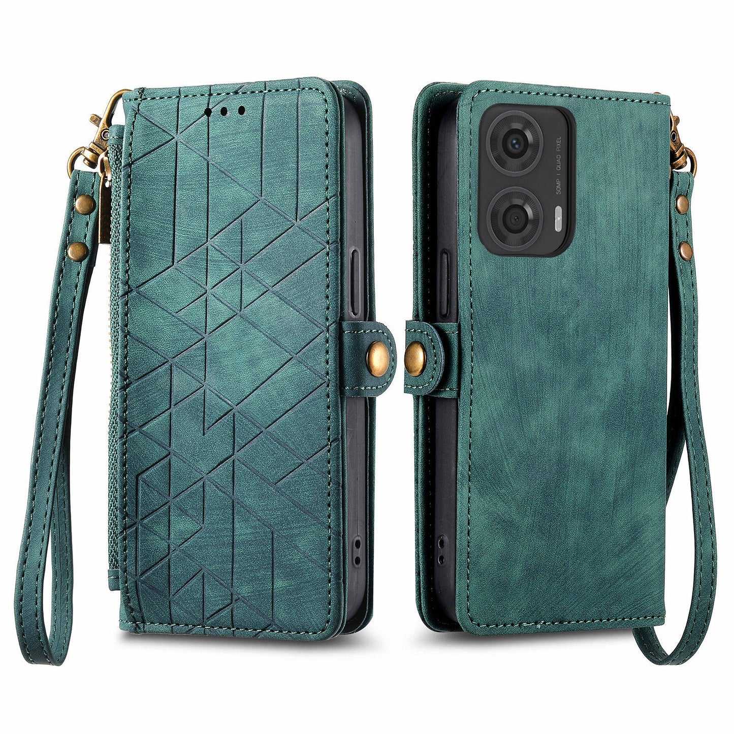 For Motorola Moto G24 4G / G04 4G Wallet Case Zipper Pocket Geometry Leather Phone Cover - Green