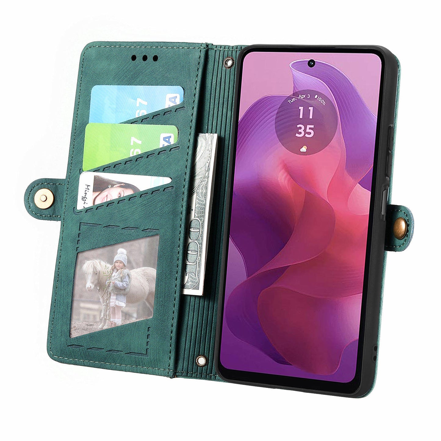 For Motorola Moto G24 4G / G04 4G Wallet Case Zipper Pocket Geometry Leather Phone Cover - Green