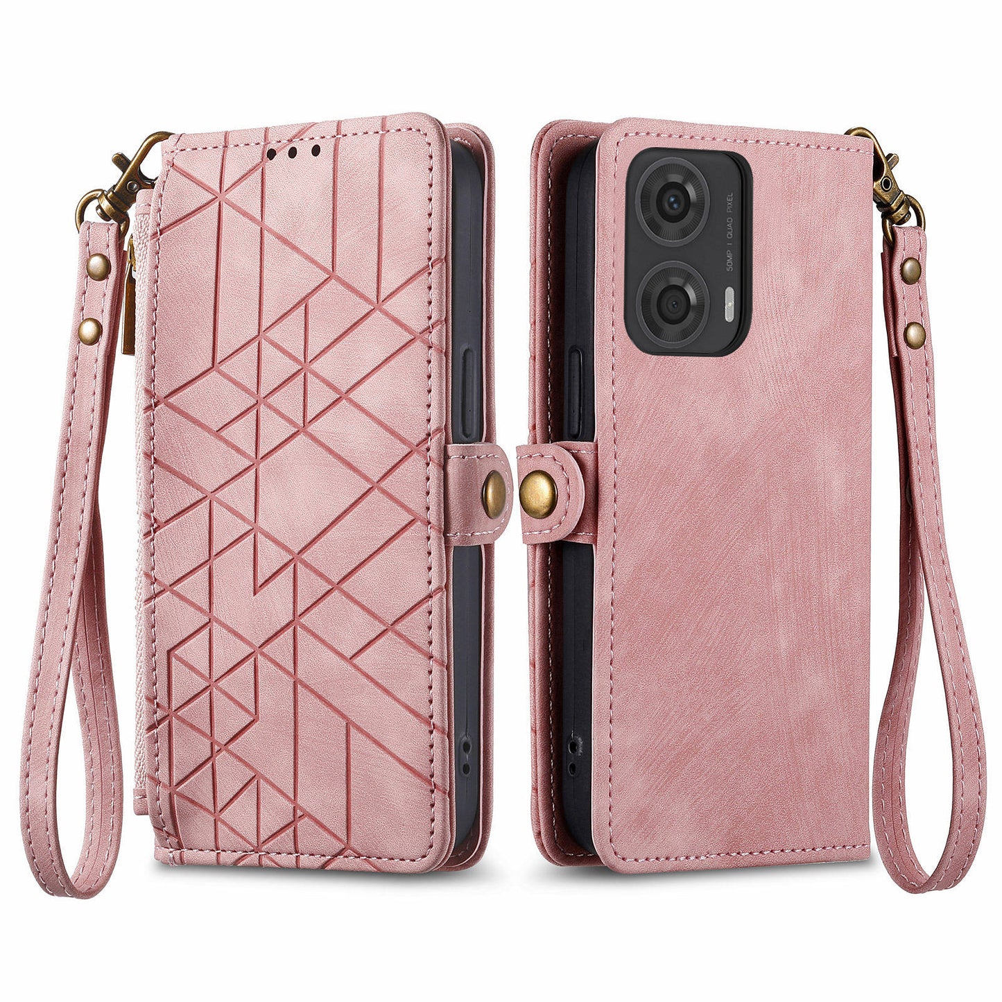 For Motorola Moto G24 4G / G04 4G Wallet Case Zipper Pocket Geometry Leather Phone Cover - Pink