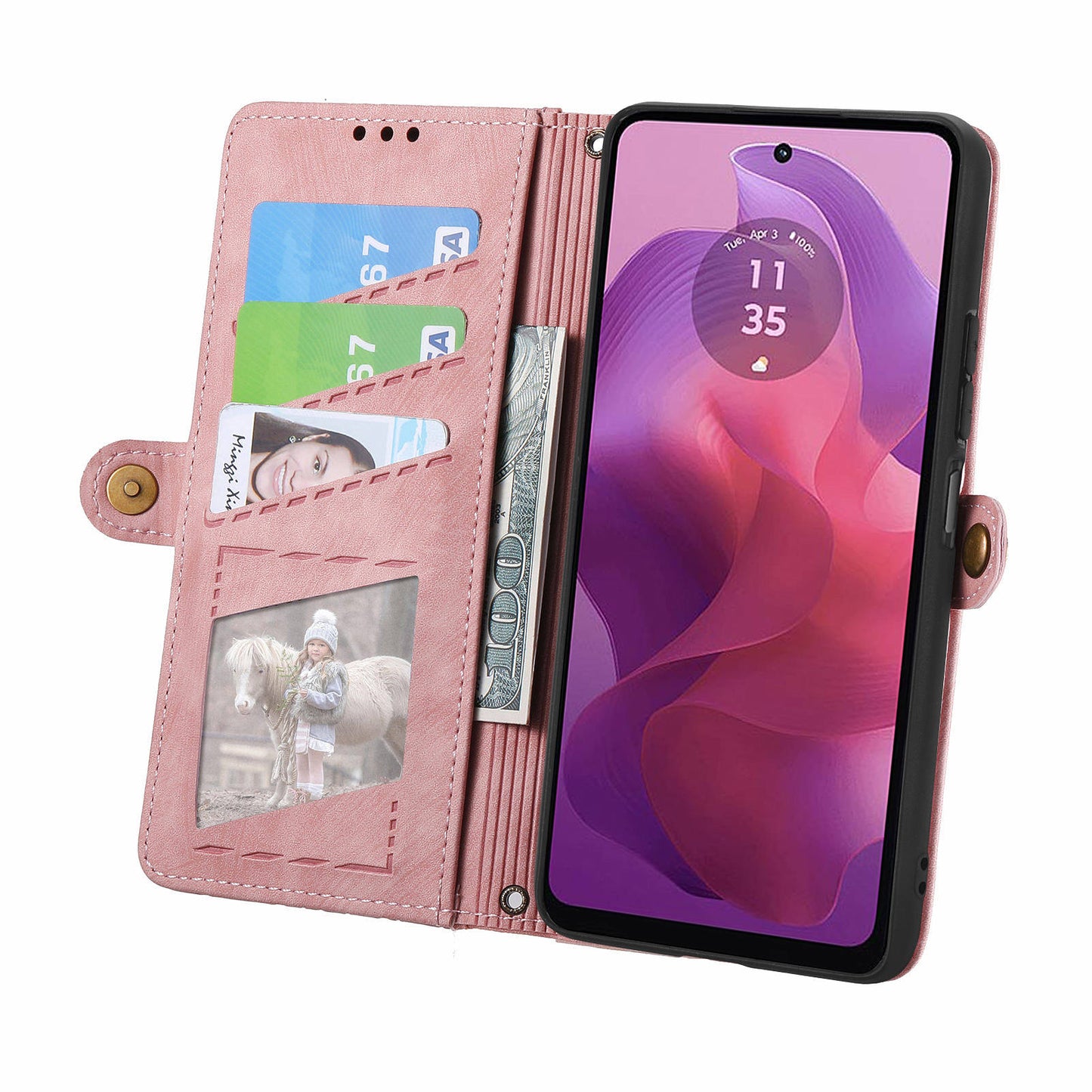 For Motorola Moto G24 4G / G04 4G Wallet Case Zipper Pocket Geometry Leather Phone Cover - Pink