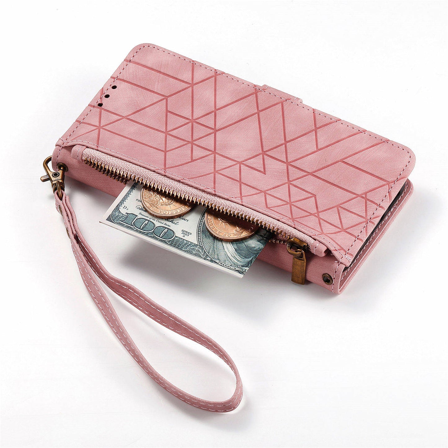 For Motorola Moto G24 4G / G04 4G Wallet Case Zipper Pocket Geometry Leather Phone Cover - Pink