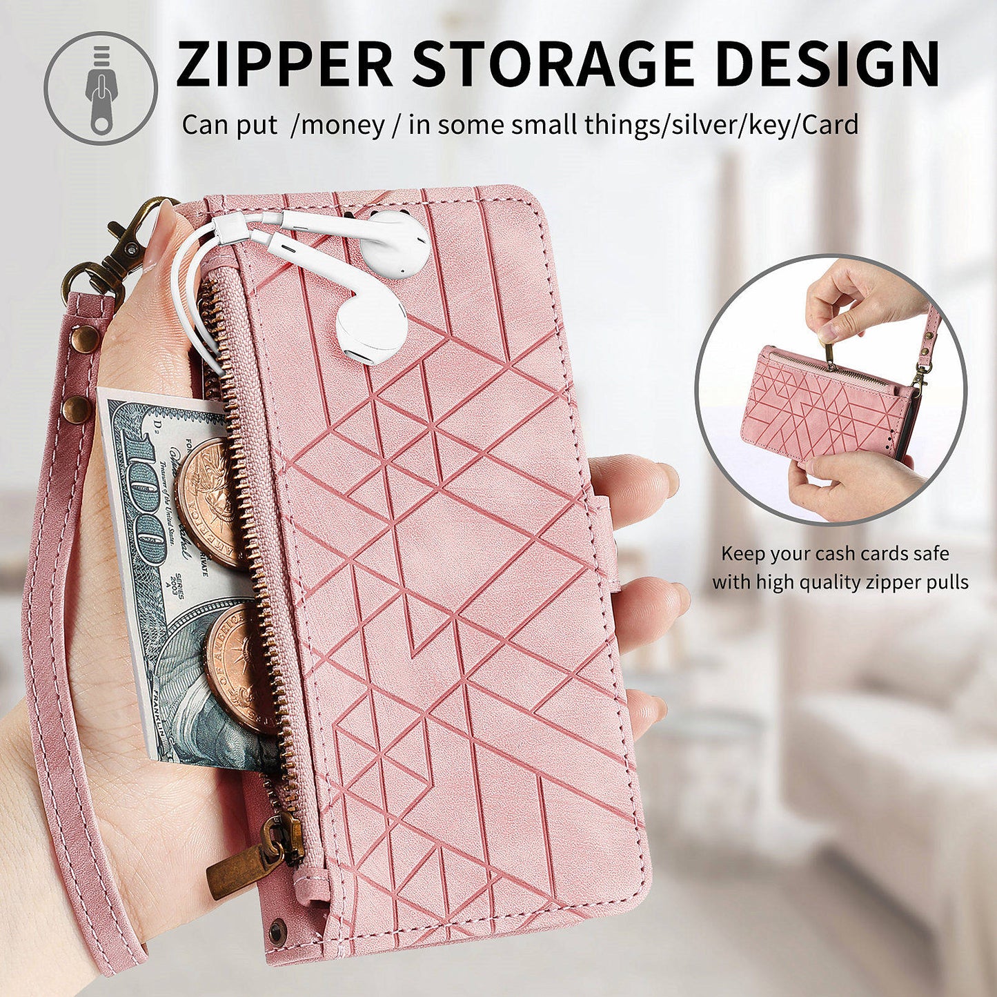 For Motorola Moto G24 4G / G04 4G Wallet Case Zipper Pocket Geometry Leather Phone Cover - Pink