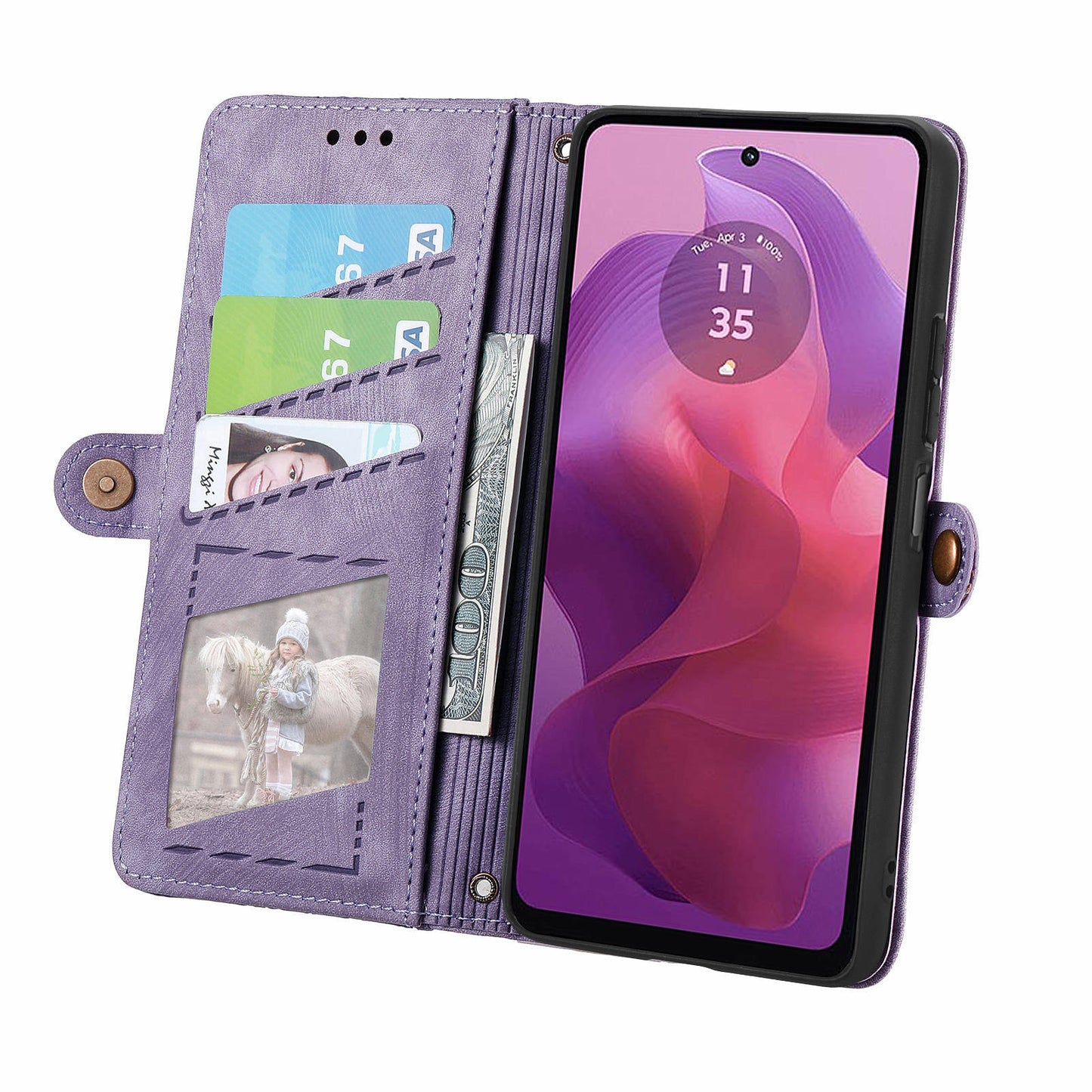 For Motorola Moto G24 4G / G04 4G Wallet Case Zipper Pocket Geometry Leather Phone Cover - Light Purple
