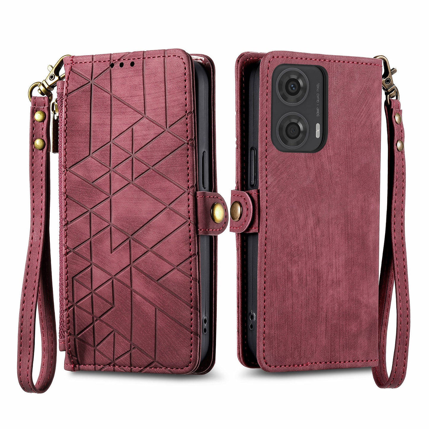 For Motorola Moto G24 4G / G04 4G Wallet Case Zipper Pocket Geometry Leather Phone Cover - Red