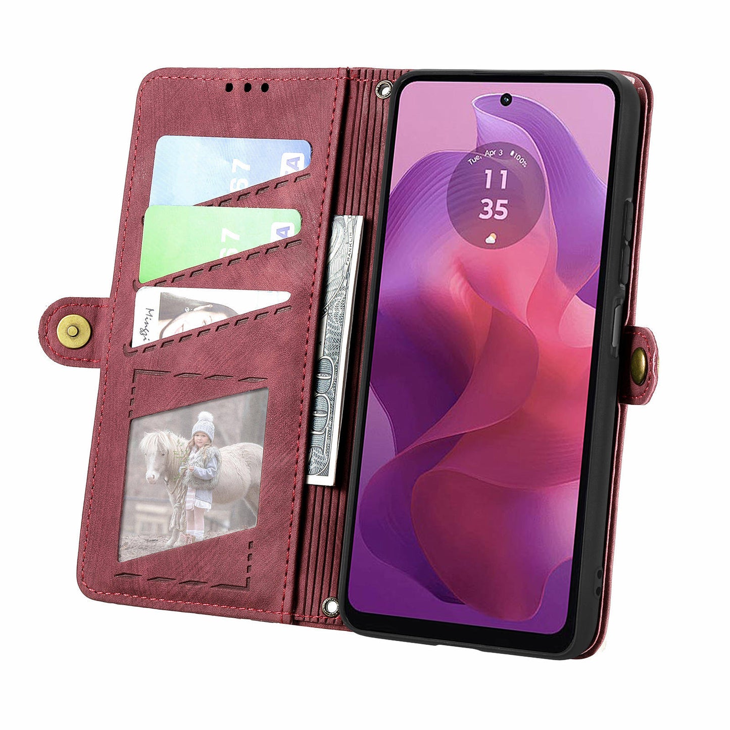 For Motorola Moto G24 4G / G04 4G Wallet Case Zipper Pocket Geometry Leather Phone Cover - Red
